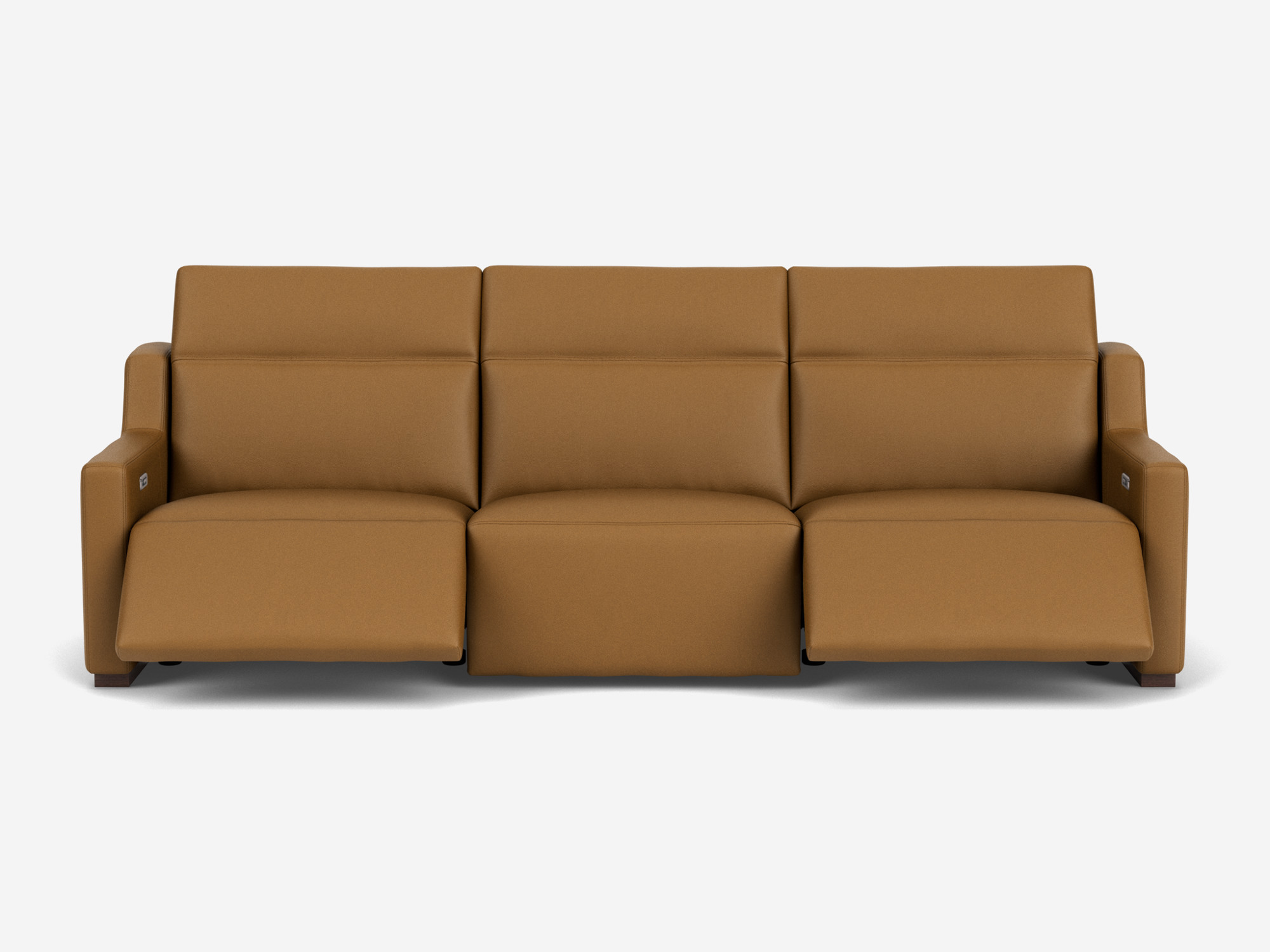 Brown leather reclining sofa front view